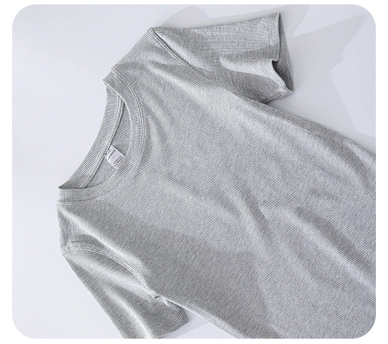 Grey ribbed short-sleeve crew neck t-shirt in a soft, fitted style.