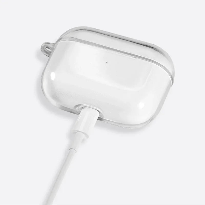 Clear protective silicone case for AirPods Pro, shown while charging with a white cable.