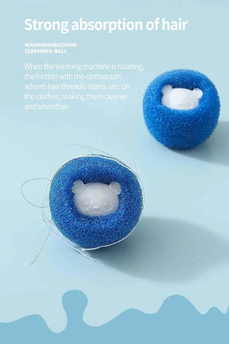 Two blue textured washing machine laundry balls, each featuring a white panda character core to collect pet hair.