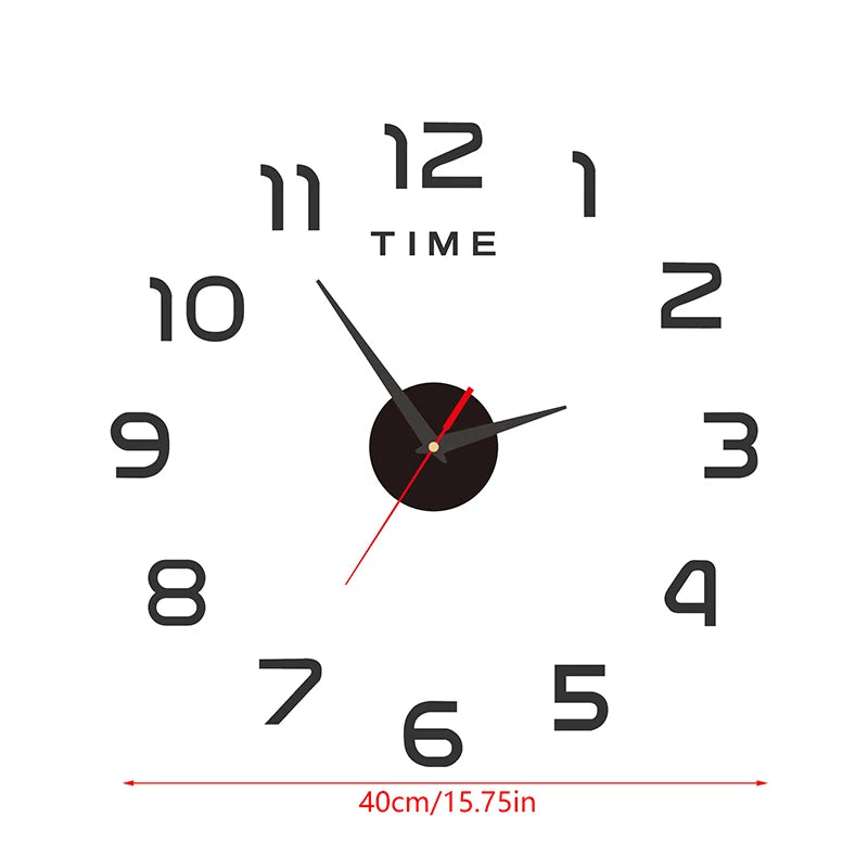 Large, frameless DIY acrylic wall clock with modern black numerals and a central black dial with hands.