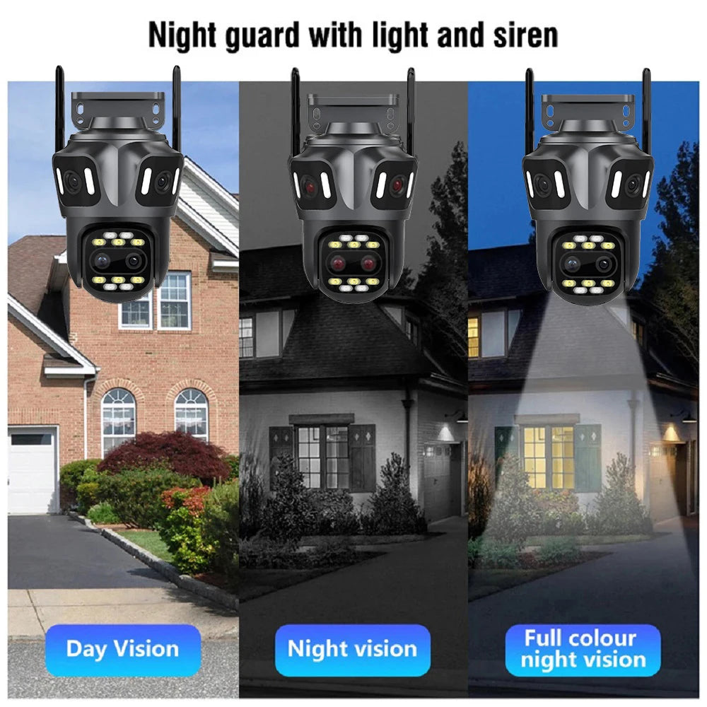 Grey 16MP quad-lens outdoor WiFi security camera showing day, infrared night, and full-colour night vision modes.