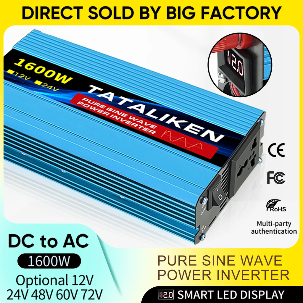 Blue 1600W pure sine wave power inverter with a smart LED voltage display and robust ribbed metal casing.