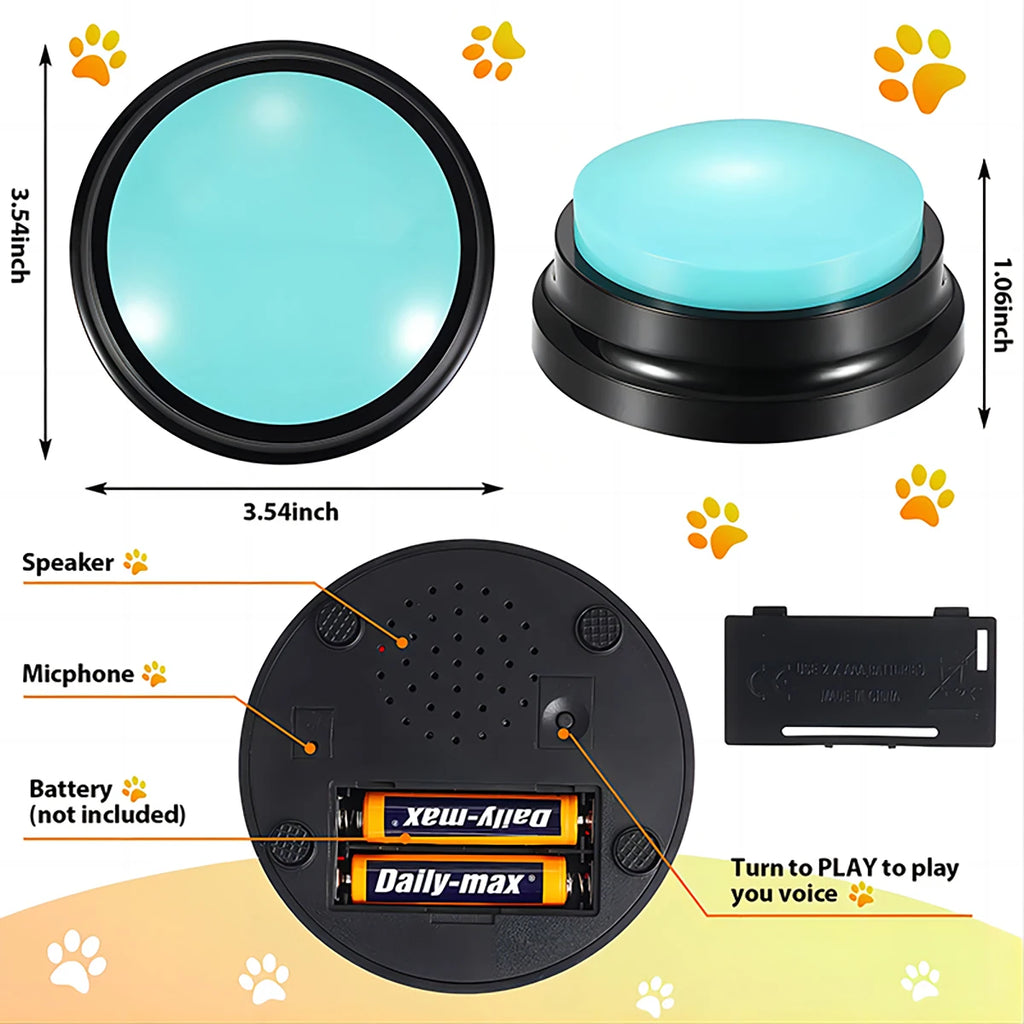 Blue recordable dog training button with black base, showing dimensions, speaker, microphone and battery compartment.