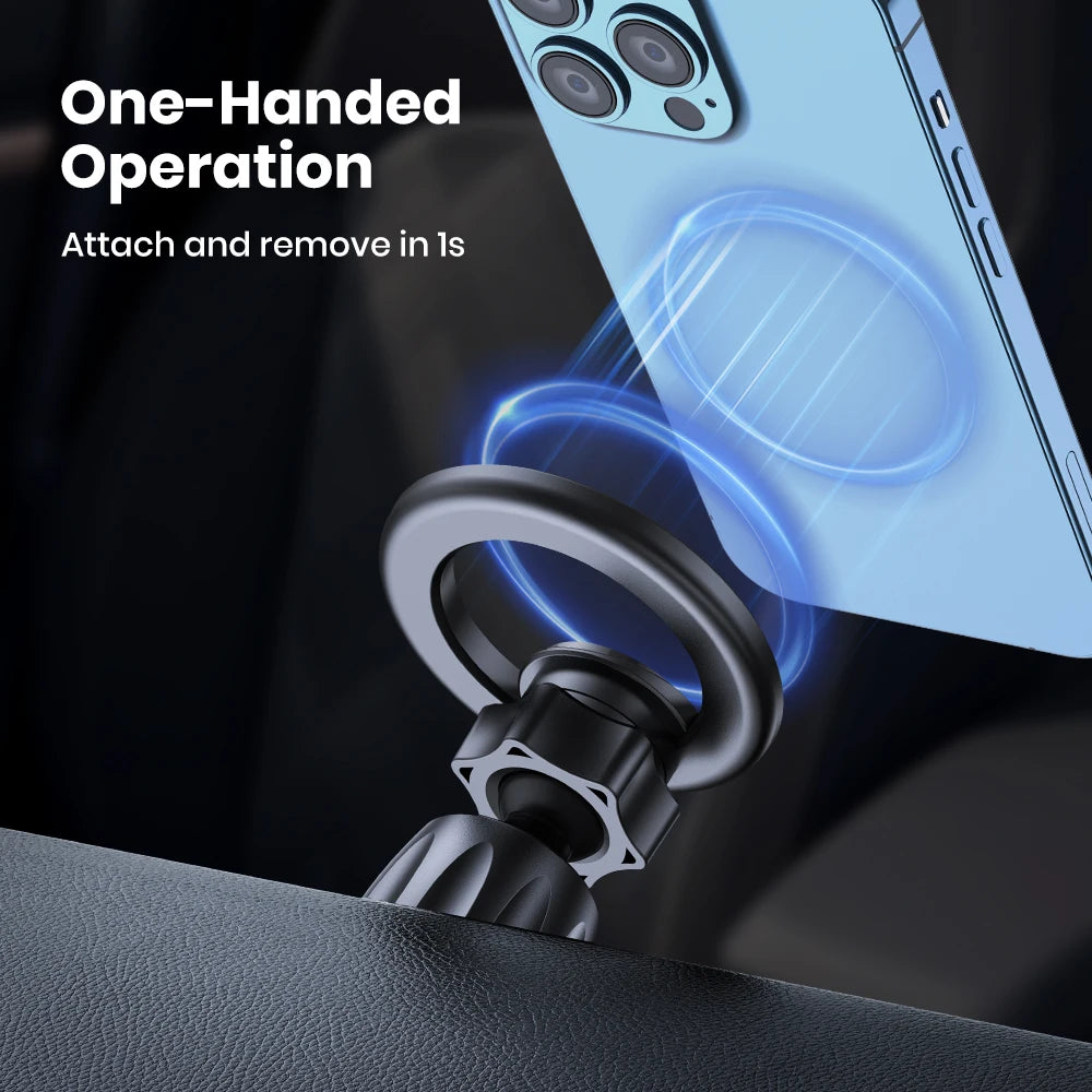 Black magnetic car phone mount attaching to a light blue smartphone with a circular glowing magnetic ring.