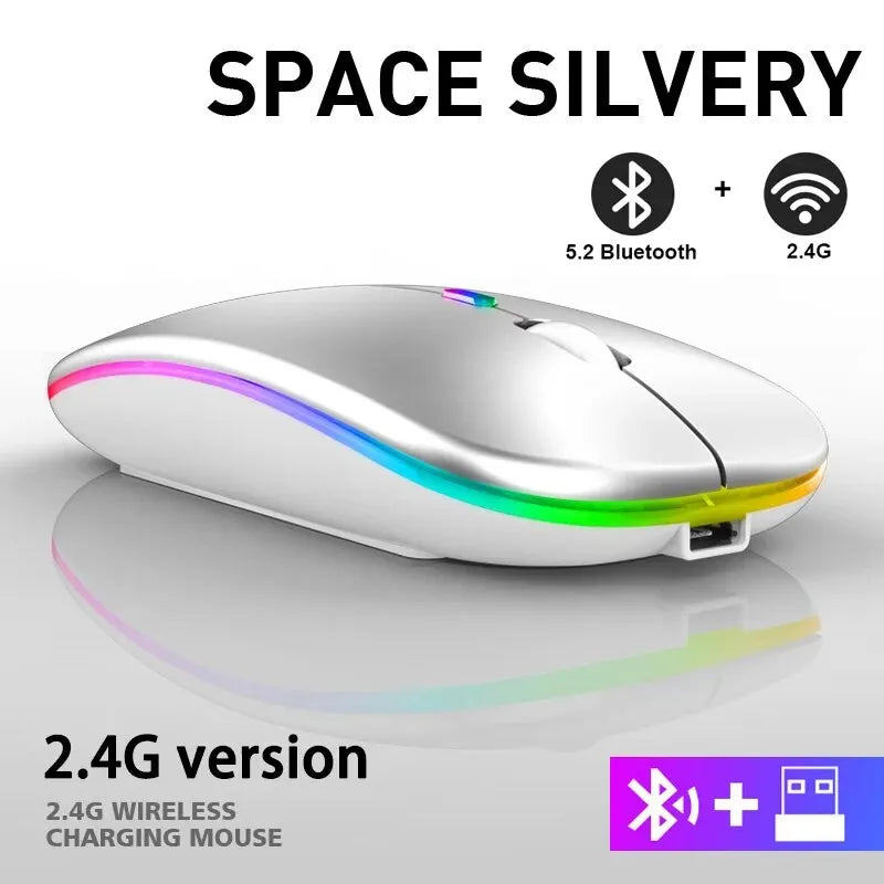 Sleek space silver wireless gaming mouse with vibrant RGB LED edge lighting and rechargeable design.
