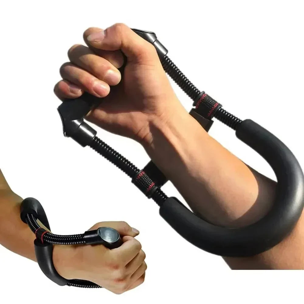 A hand being used to exercise with a black forearm strength trainer featuring resistance springs and a foam pad.
