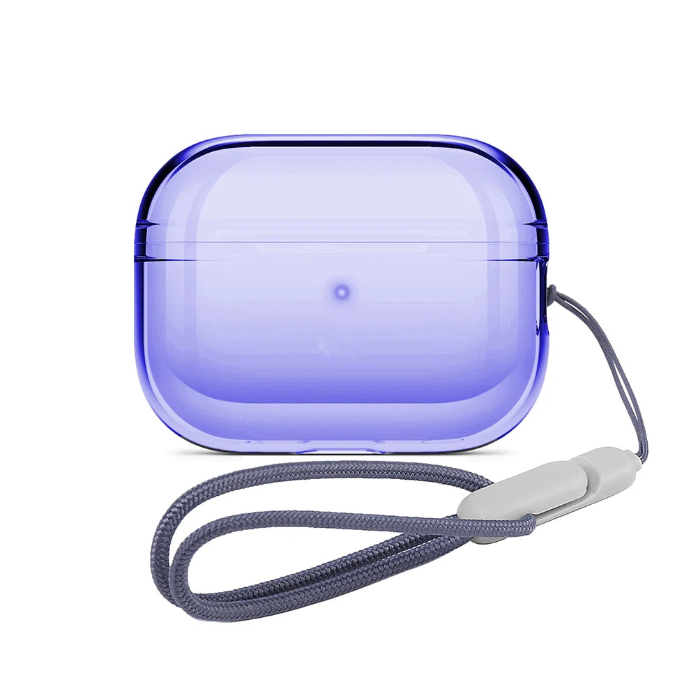 Translucent purple protective case for AirPods Pro with a matching grey carry lanyard.