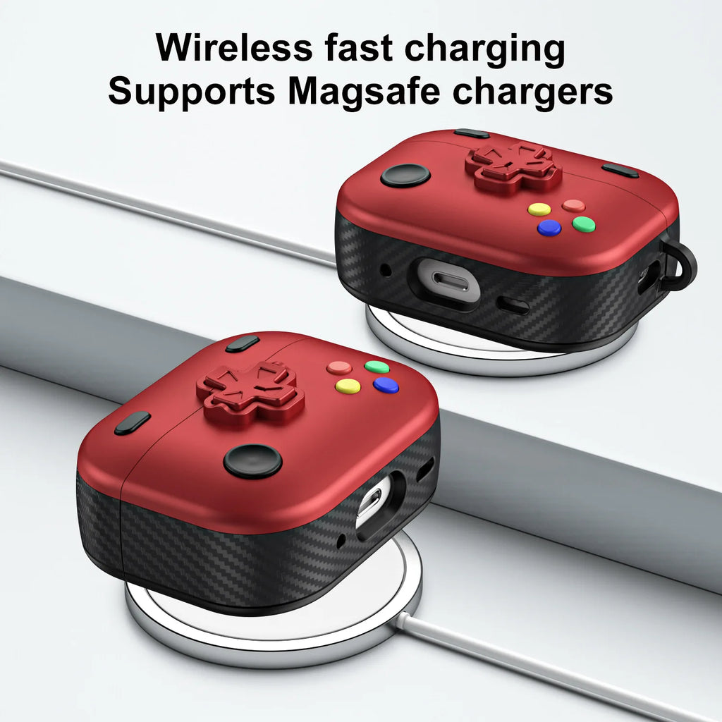 Red and black retro gaming controller-style AirPods case with MagSafe wireless charging support.