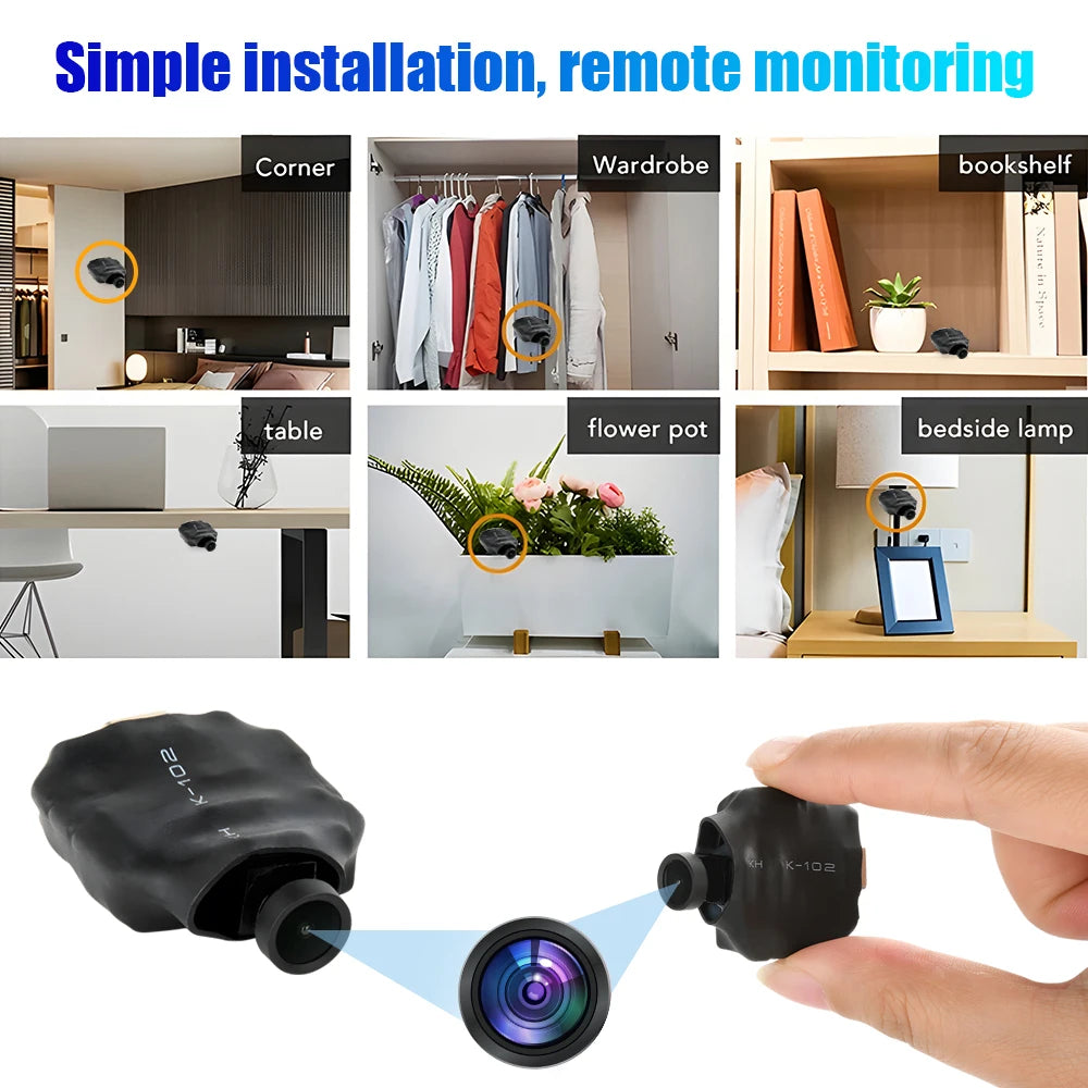 Small black plastic DIY wireless security camera module shown held by fingers and installed in various home locations.