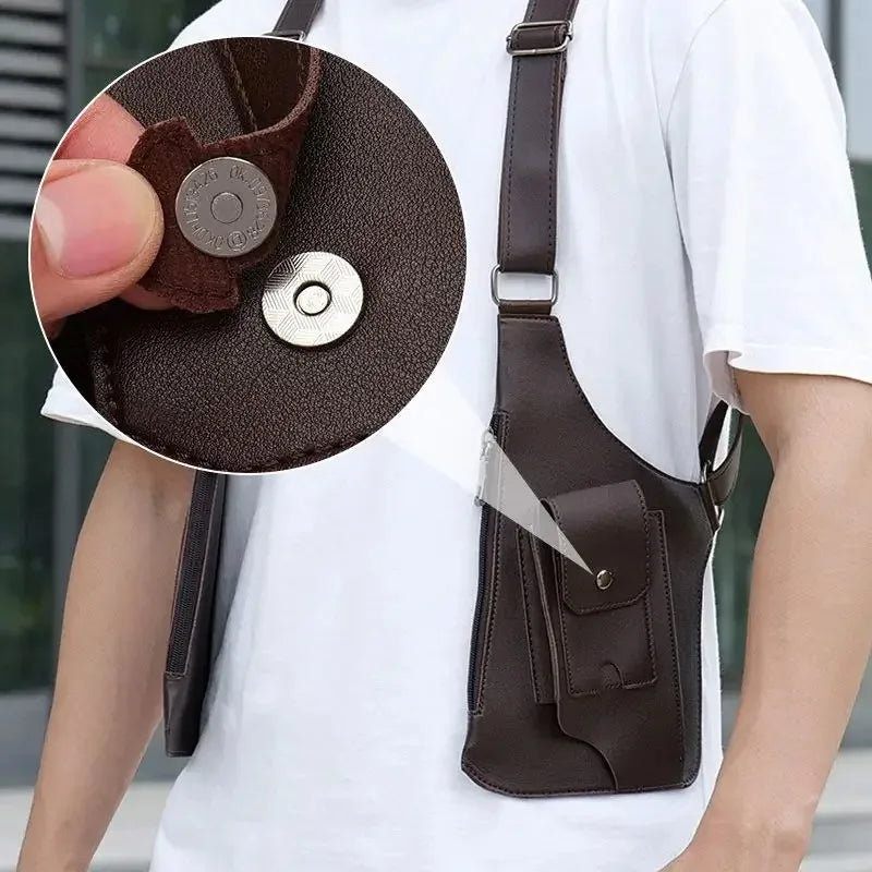 Brown tactical crossbody bag worn over the shoulder, featuring multiple pockets with a magnetic stud fastening detail.