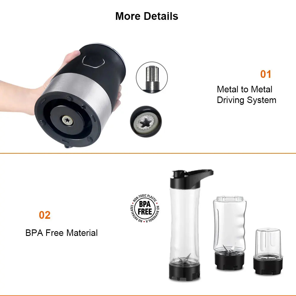 Black and silver portable blender featuring a metal driving system and BPA-free plastic cups with blade attachments.