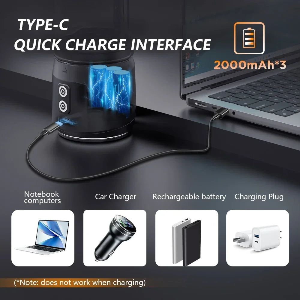 Black cylindrical device with USB-C quick charge, visible internal batteries, and compatible charging accessories.