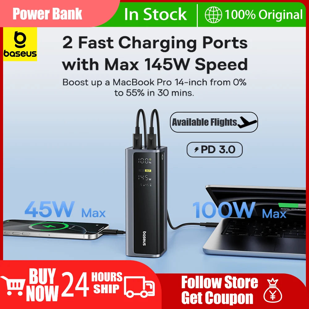 Grey and black 145W power bank with digital display, charging a phone and a laptop simultaneously.