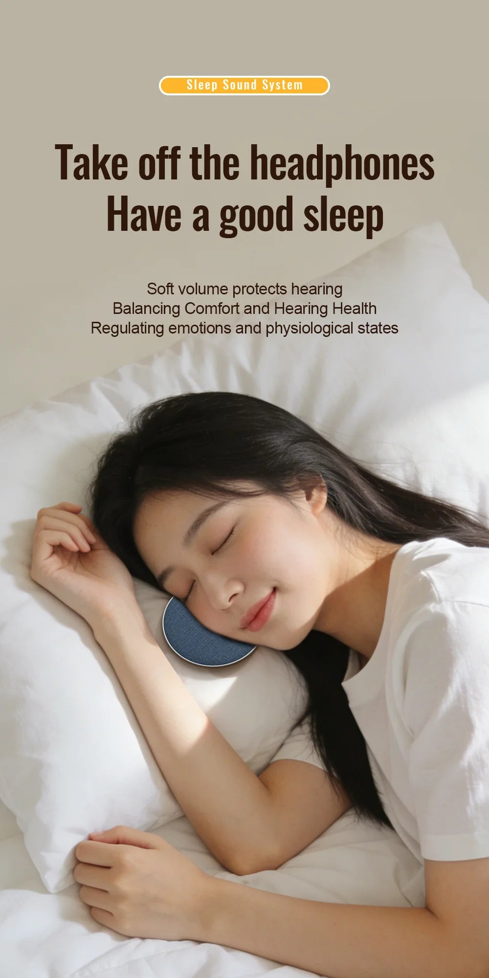A woman sleeping peacefully with a small, circular, blue fabric-covered Bluetooth pillow speaker tucked under her head.