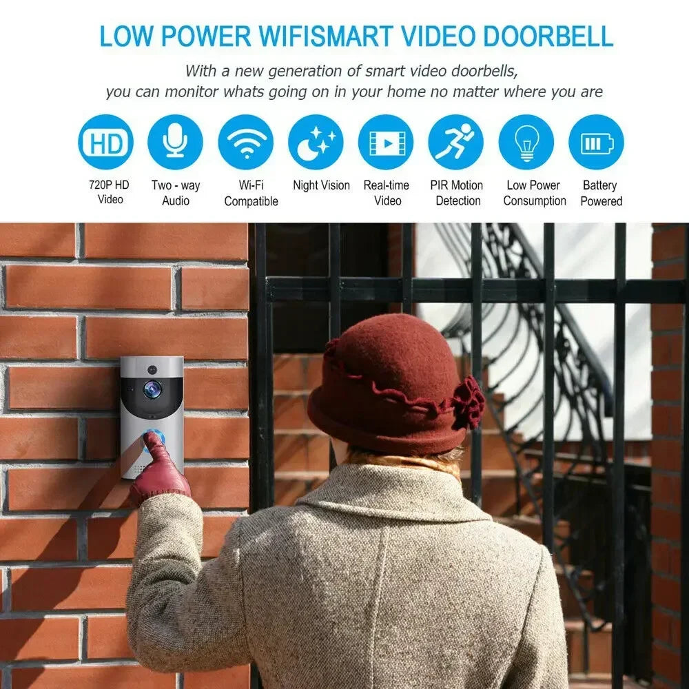 A silver, rectangular smart video doorbell mounted on a brick wall, featuring HD video, motion detection and Wi-Fi.