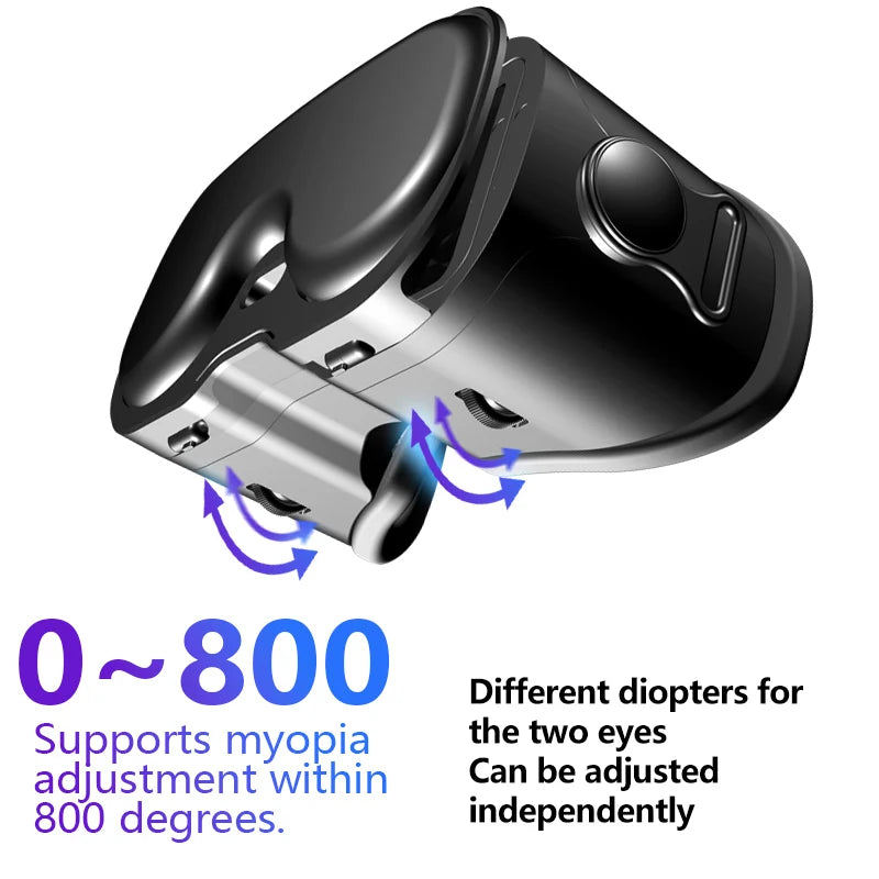 Black VR headset with adjustable dials and cushioning, showing features for independent myopia diopter adjustment.