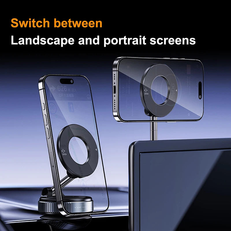 Magnetic phone mount on a dashboard holding a smartphone in both portrait and landscape orientations.