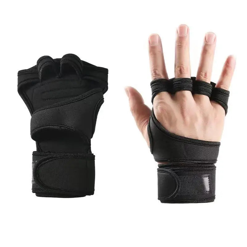 Black fingerless weightlifting gloves with open-palm design and adjustable wrist support wraps.