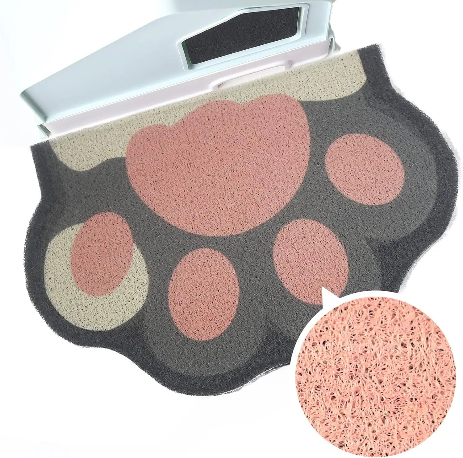 Grey and pink paw-shaped anti-slip cat litter mat with a textured surface to trap debris.