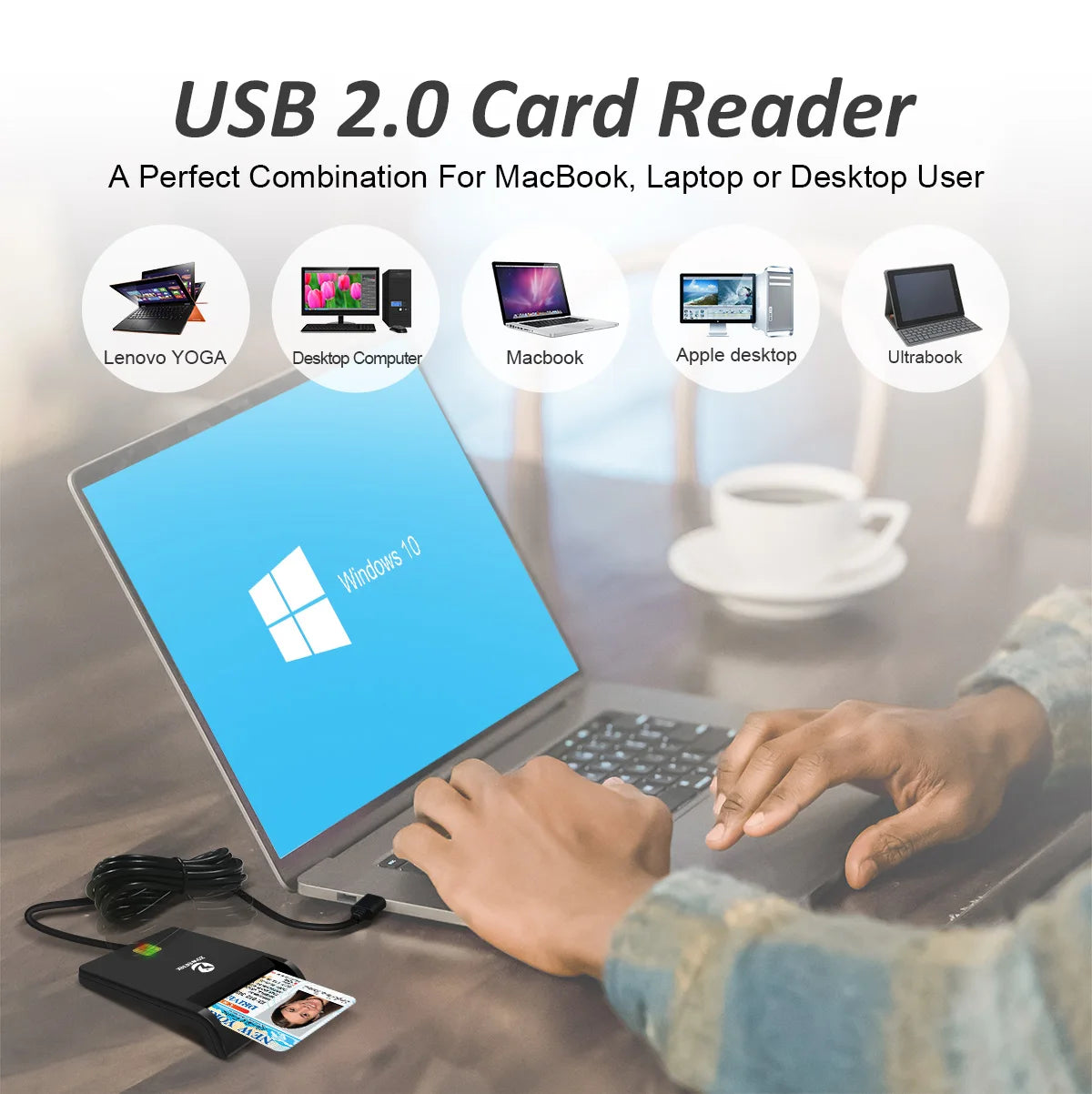 Black plastic USB 2.0 smart card reader with a cable, connected to a laptop reading an ID card.