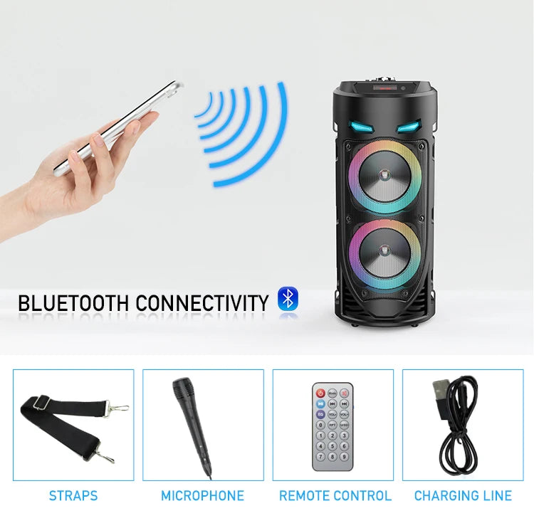 Black portable Bluetooth speaker with rainbow LED lights. Includes microphone, remote, strap, and charging cable.