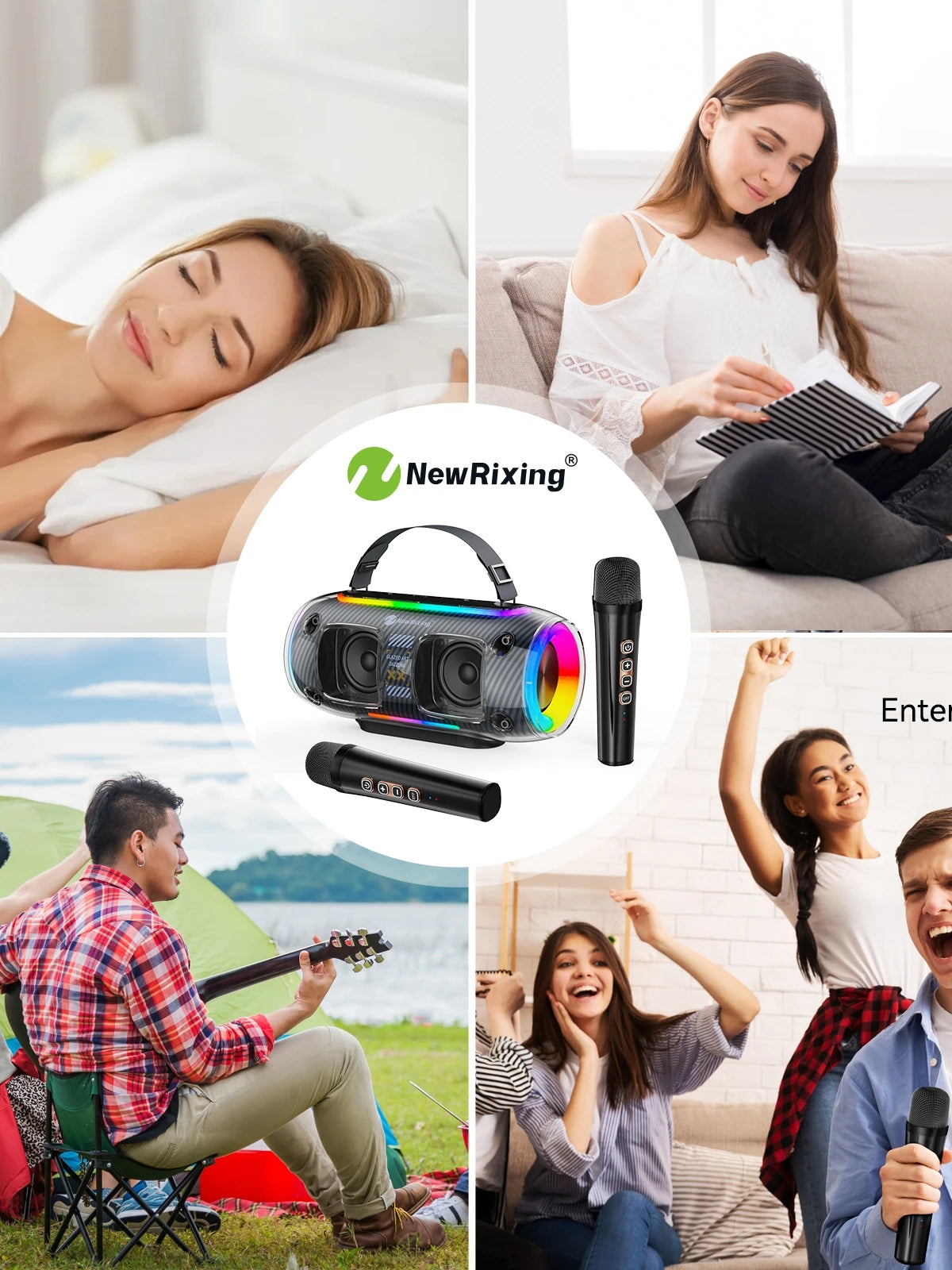 Portable black wireless speaker with LED light accents and two matching handheld microphones for karaoke.