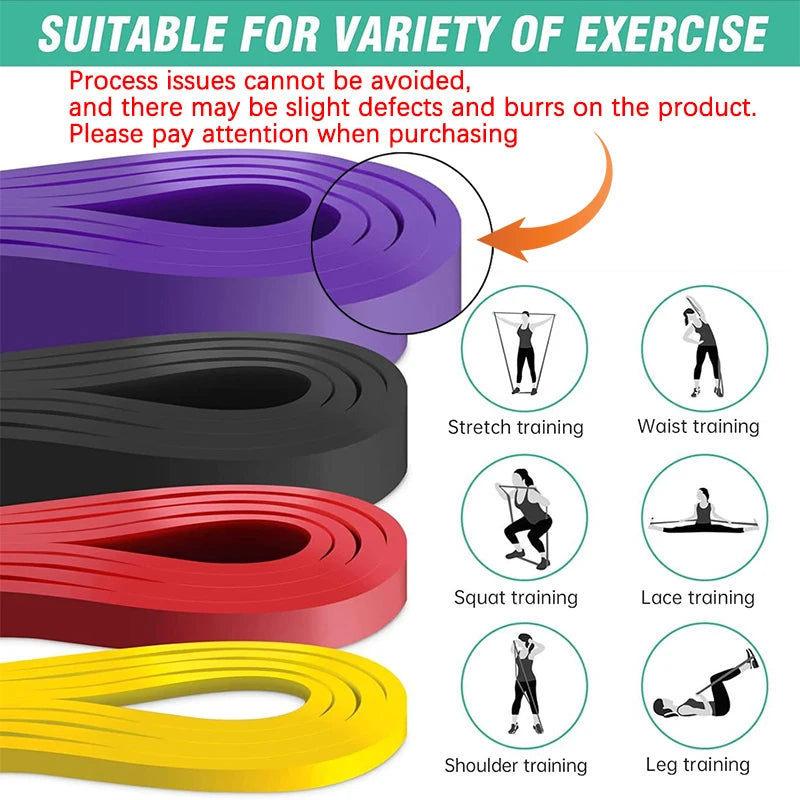 A set of heavy-duty purple, black, red, and yellow resistance bands with icons showing various fitness exercises.