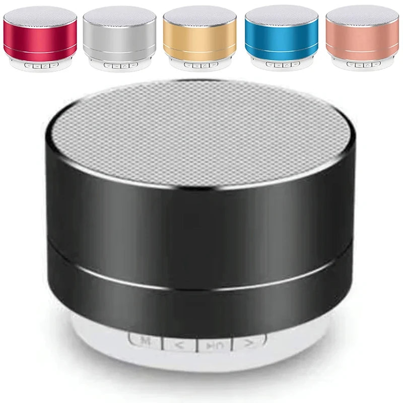 Compact circular aluminium Bluetooth speakers with LED lights and control buttons, available in six metallic colours.