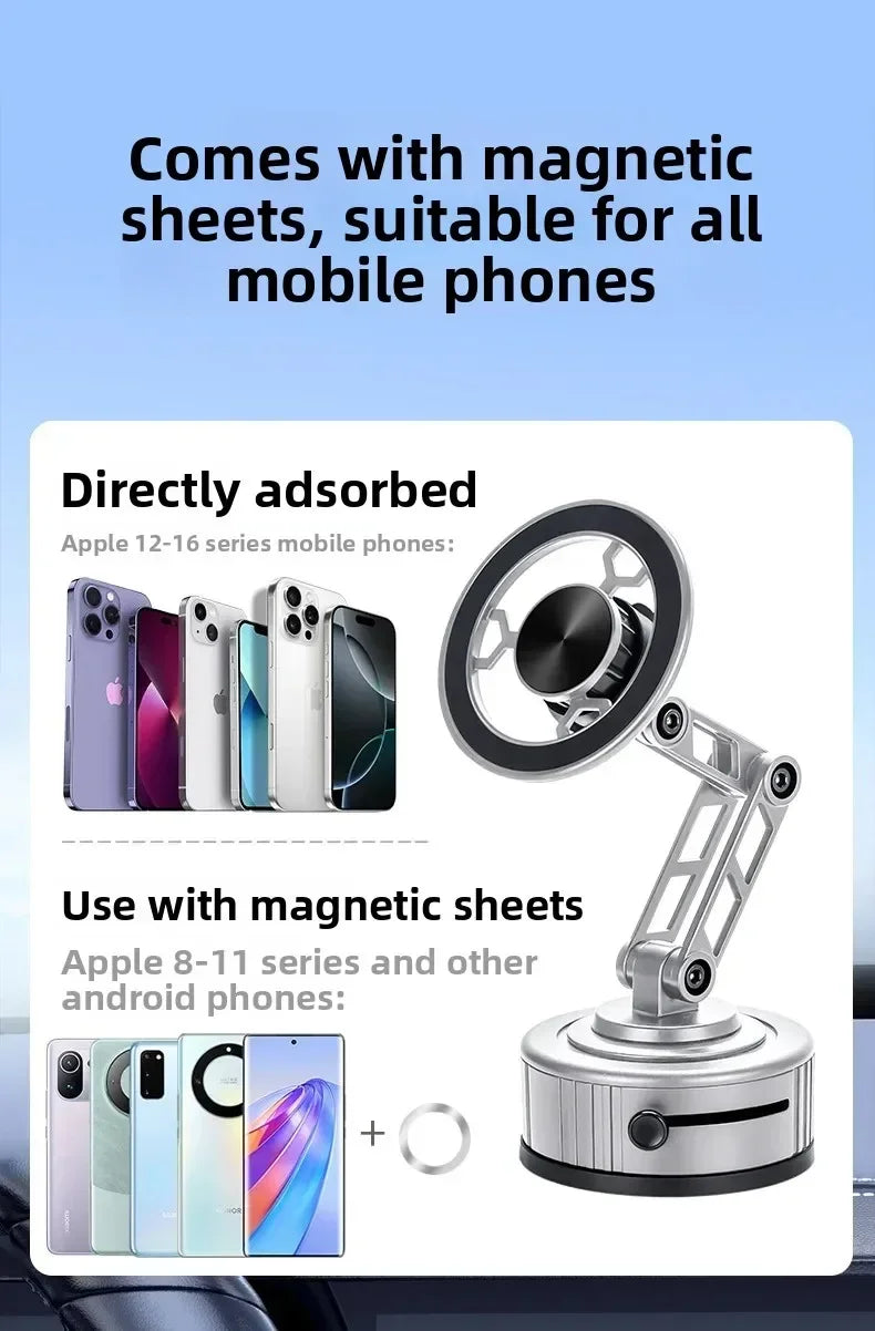 Silver adjustable magnetic phone holder with a circular mount and folding arm, includes magnetic rings for compatibility.