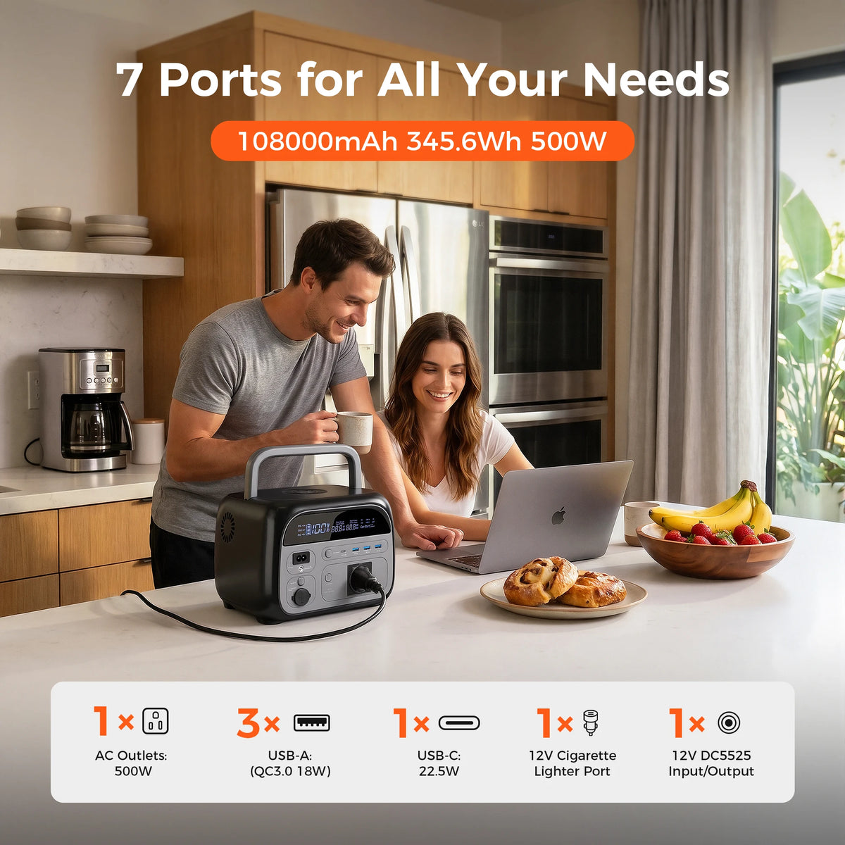 A couple in a kitchen with a portable power station, laptop, fruit, and pastries on the counter.
