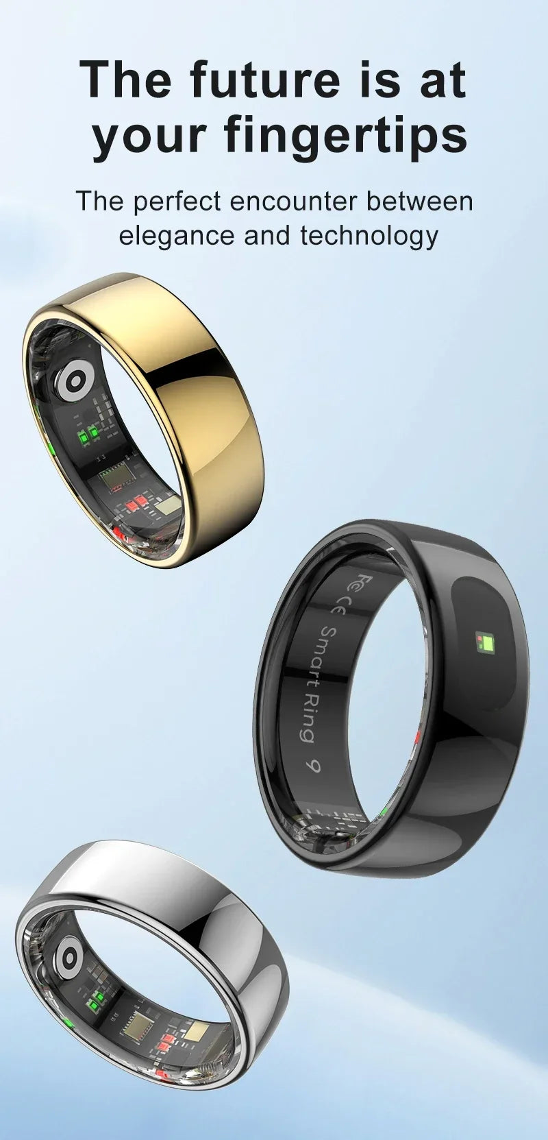 Gold, black and silver sleek smart fitness rings, each showing internal health sensors on a light blue background.