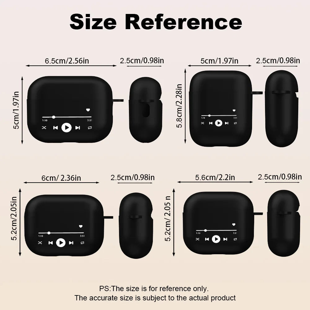 Black matte silicone AirPods cases with music player interface print, showing size dimensions for various models.