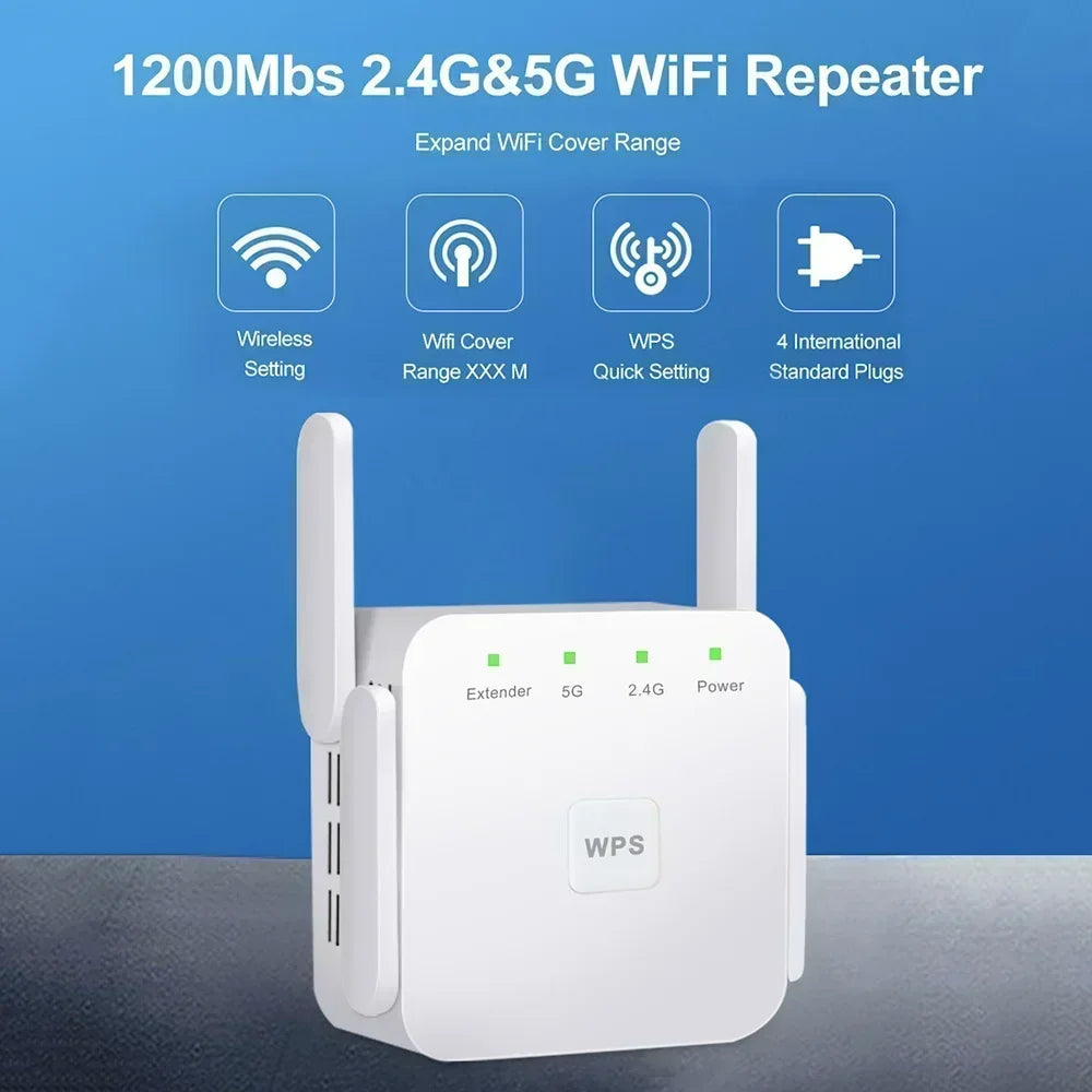 White 1200Mbps dual-band WiFi signal booster with two external antennas and status indicator lights.