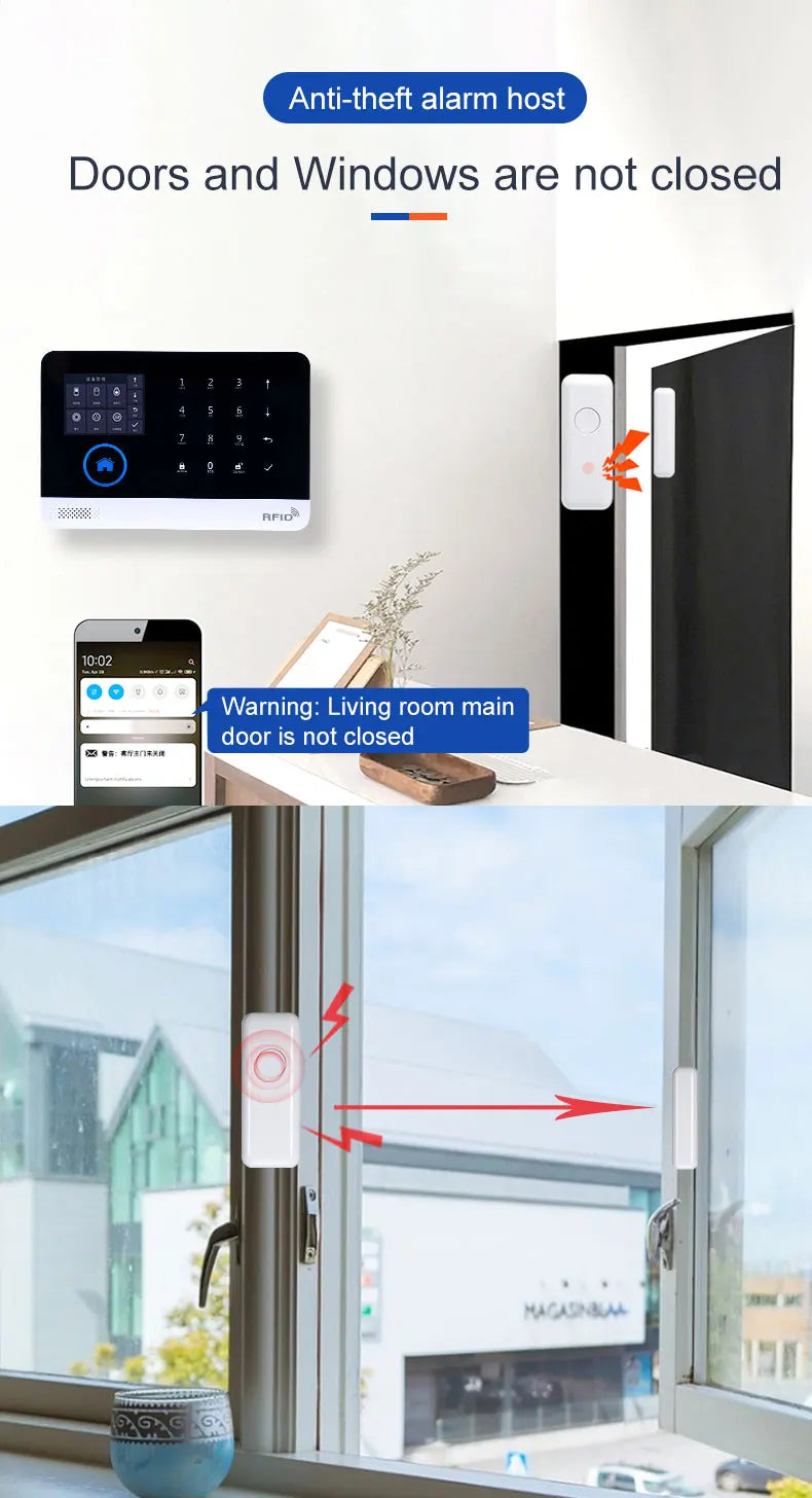White smart home security system with wall-mounted keypad, door/window sensors, and mobile app notification alert.