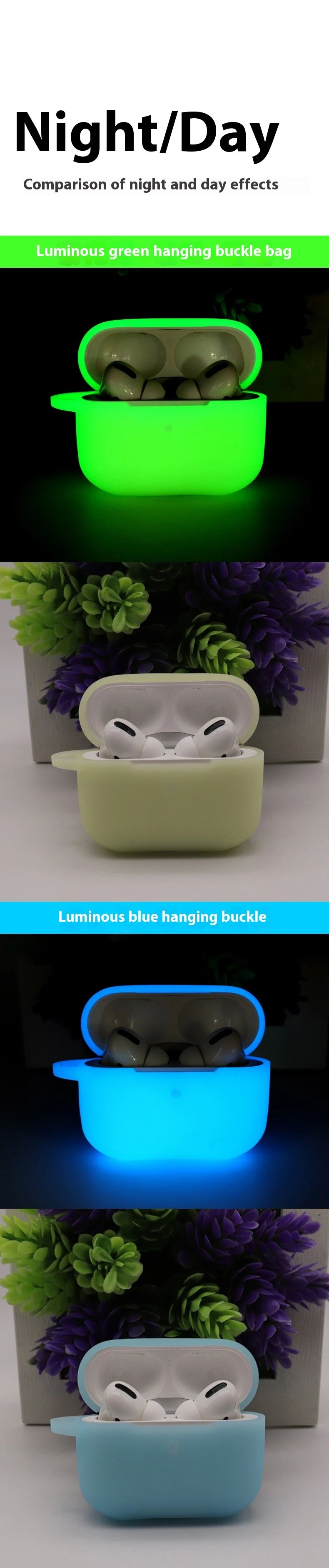 Luminous silicone AirPods Pro cases in glowing green and blue, featuring a side buckle for attachment.