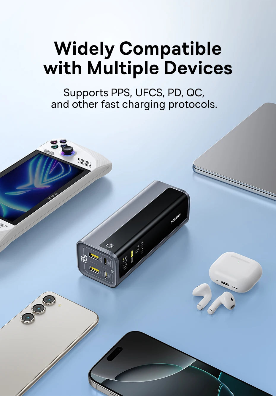Sleek grey 145W, 20800mAh power bank with a digital display, surrounded by various electronic devices on a blue background.