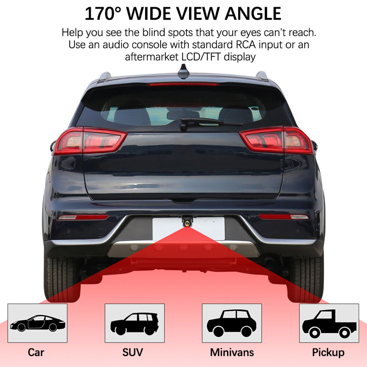 Black vehicle rear-view camera with 170-degree wide-angle field of view shown on a car, SUV, minivan, and pickup truck.