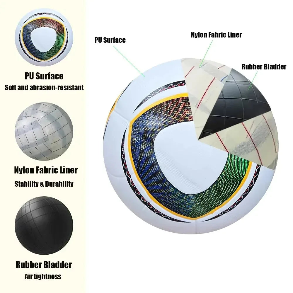 White football with colourful geometric patterns, showing durable PU surface, nylon liner, and rubber bladder structure.