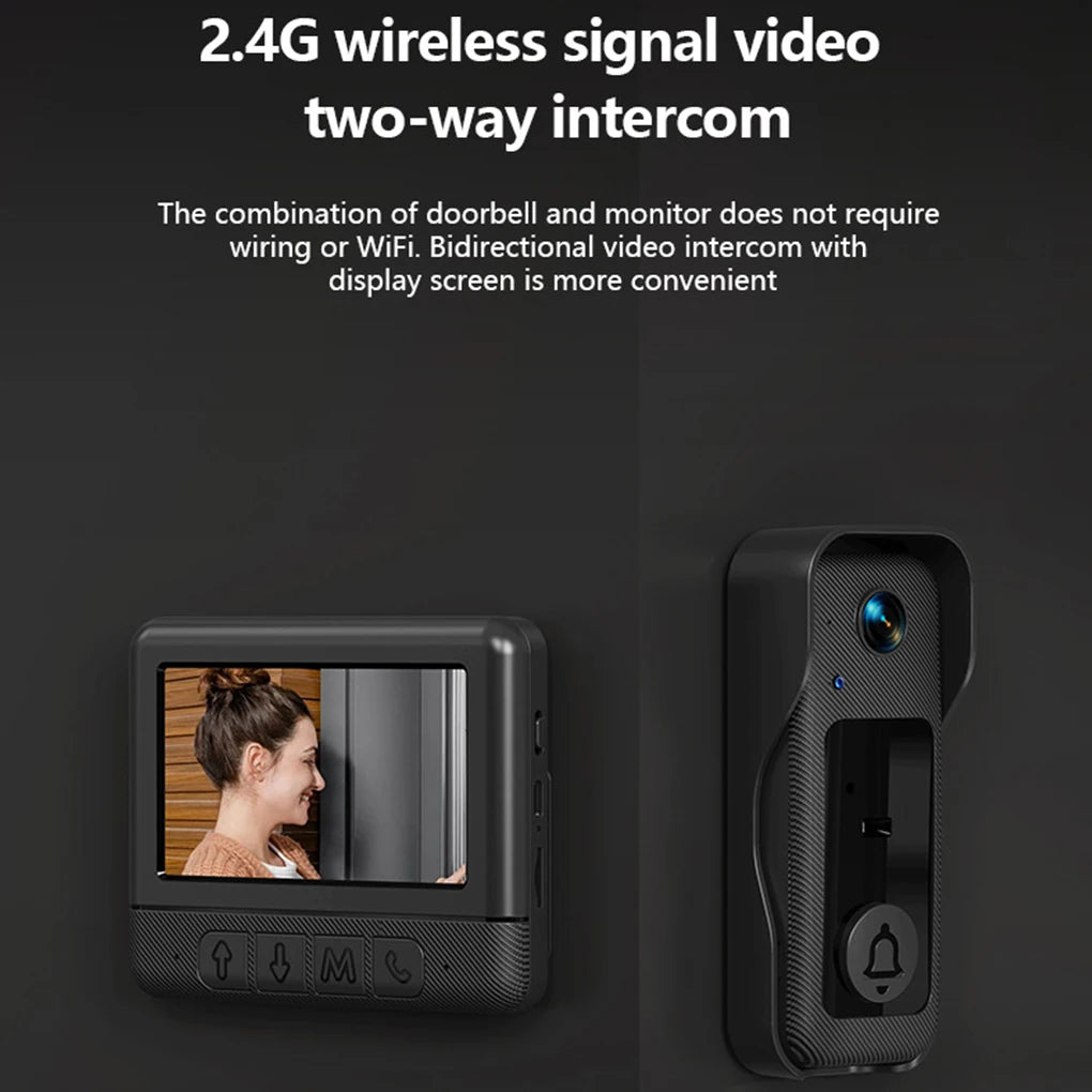 Black wireless video doorbell set with a 4.3-inch interior monitor and a camera unit featuring night vision.