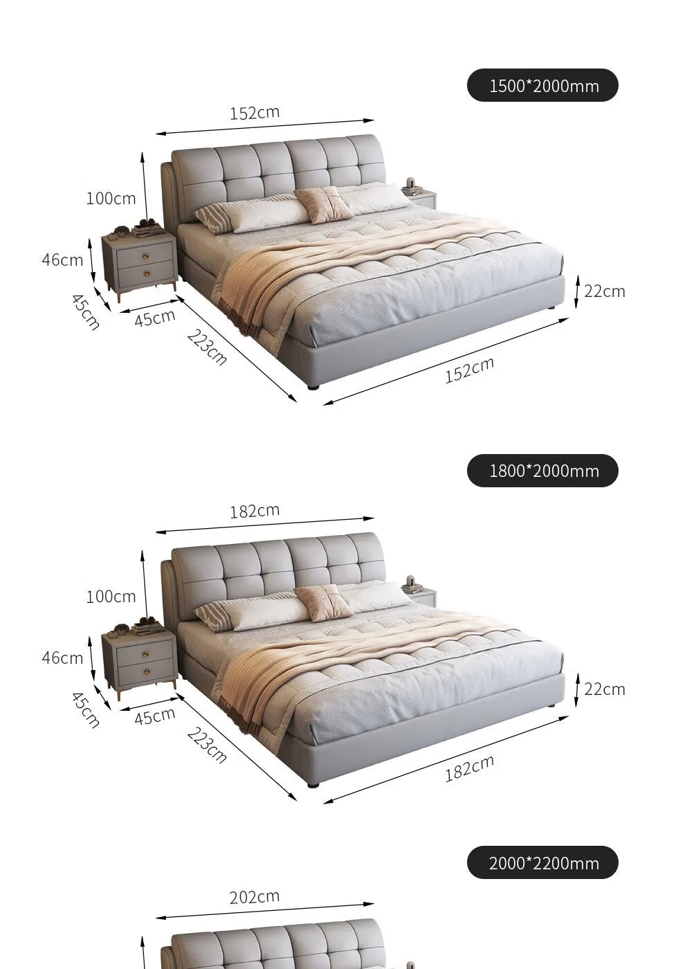 Minimalist grey upholstered bed frame with a tufted headboard, shown in various sizes with matching bedside tables.