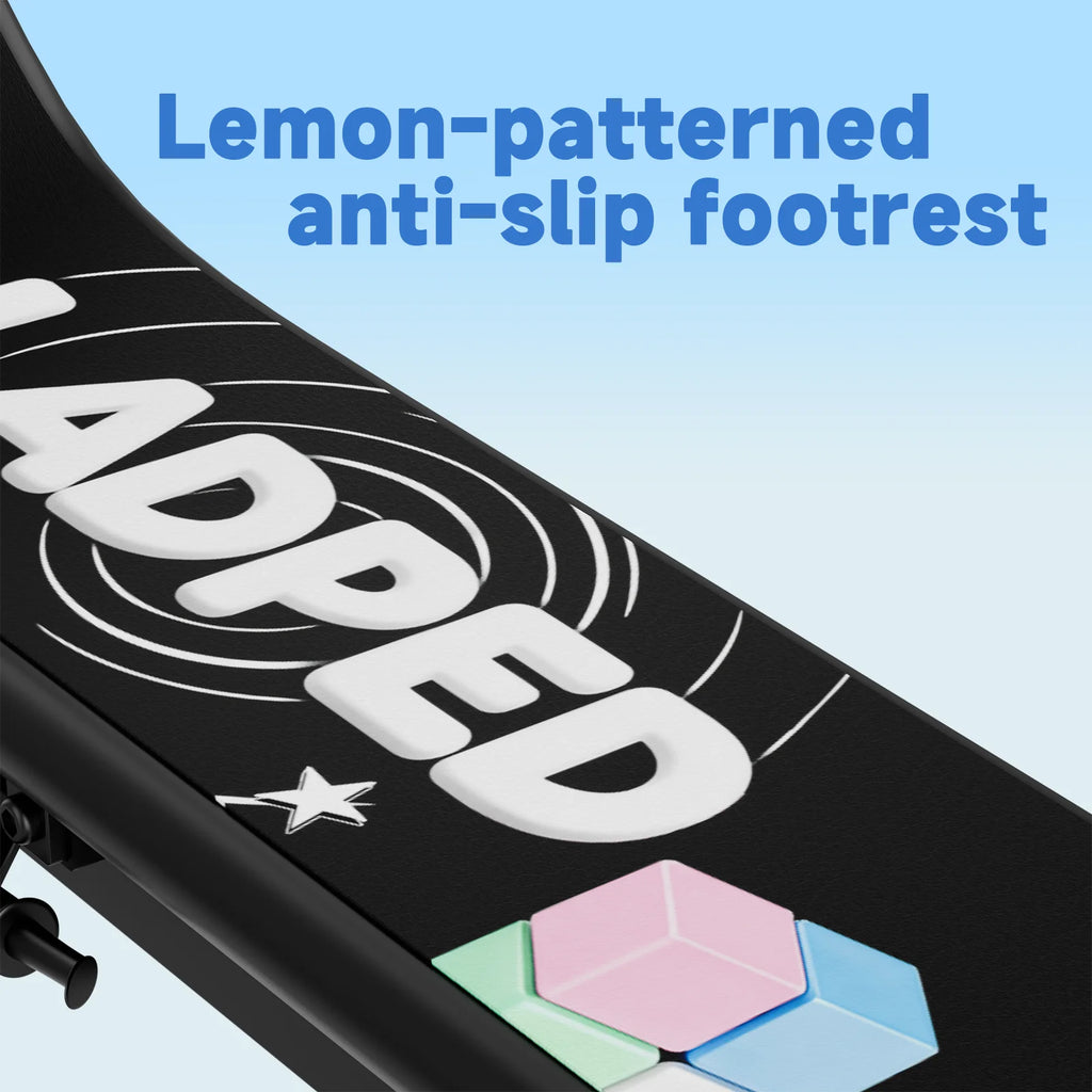 Black Ladped electric scooter footrest with large white brand text, a white star, and colorful blocks.