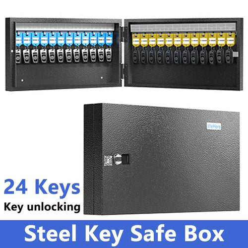 Black steel wall-mounted key safe box with key lock, featuring interior hooks to organize 24 numbered keys.