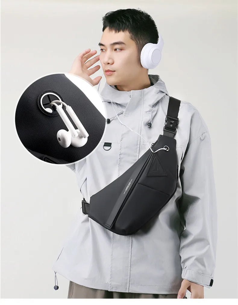 Man wearing a slim black anti-theft crossbody sling bag with a built-in earphone cable port.