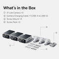 Infographic showing three S1 Lite solar security cameras, three screw mounts, screw packs, and a USB-C charging cable.