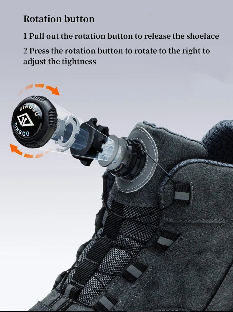 Diagram showing the black rotating dial lacing system of a dark grey safety work boot.
