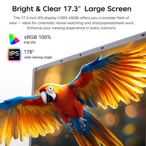 Sleek silver 17.3-inch laptop with a vibrant, high-definition display showing a colourful parrot.