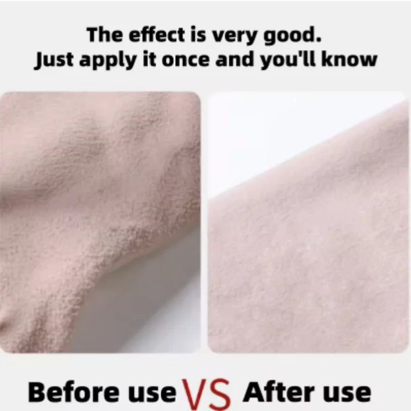 Before and after comparison of light pink fabric showing the removal of bobbles or pilling.