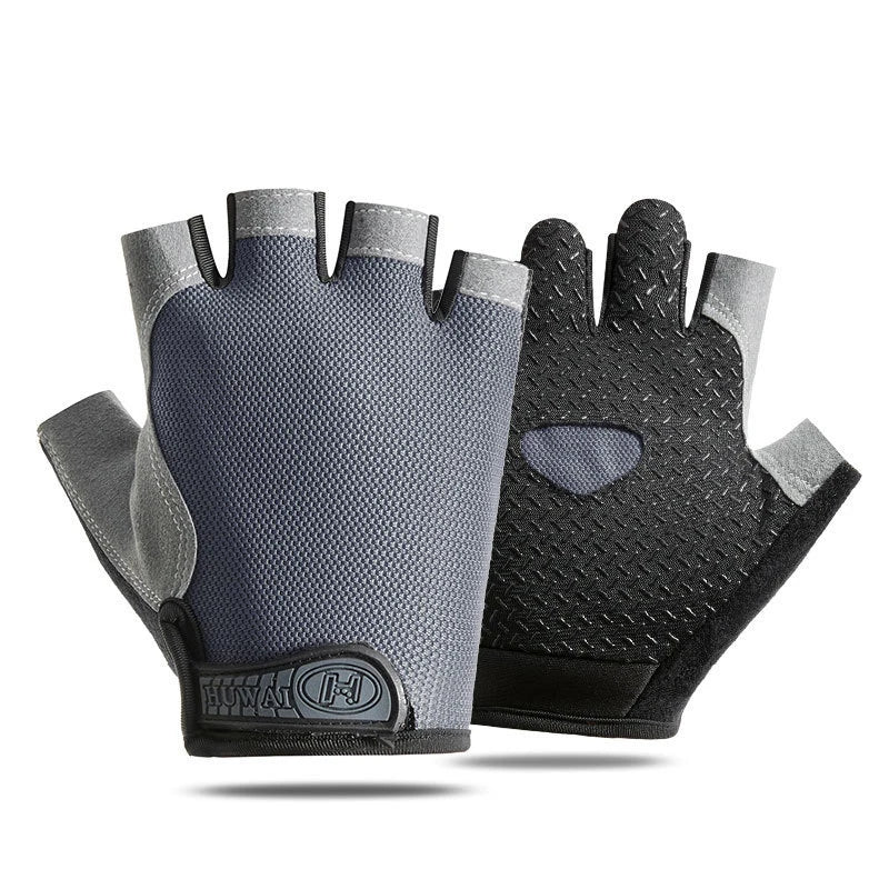 Grey fingerless cycling gloves with black textured palms and a Huwai brand strap on a white background.