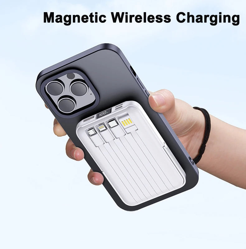 A hand holding a white 20,000mAh magnetic power bank attached to a phone, featuring integrated cables and LED display.