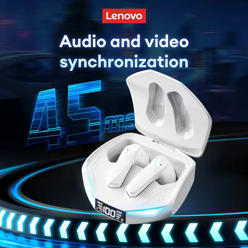 White gaming wireless earbuds in an angular, sci-fi charging case with a digital battery display.
